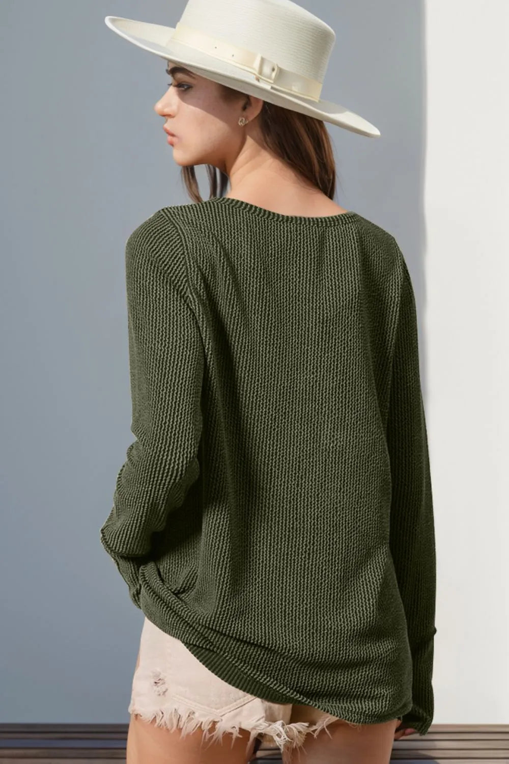 Double Take Full Size Notched Thumbhole Long Sleeve T-Shirt - Premium Tops from Trendsi - Just $25.88! Shop now at Handbags Specialist Headquarter