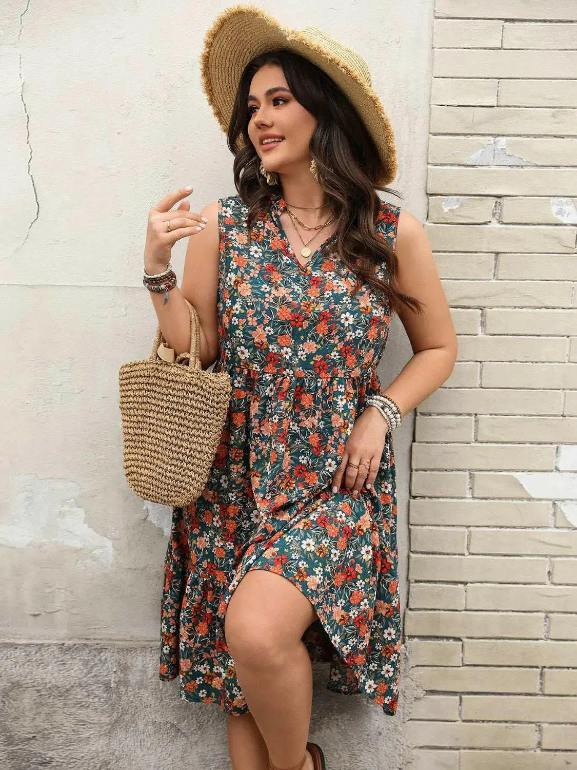 Plus Size Floral Notched Sleeveless Dress.