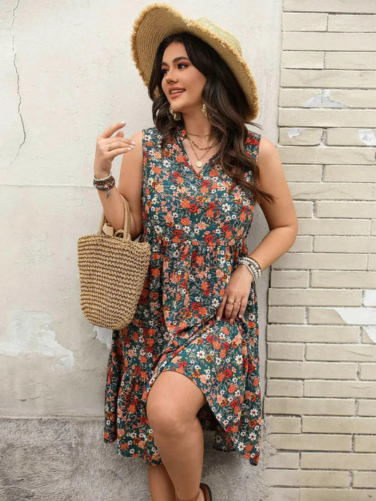 Plus Size Floral Notched Sleeveless Dress.