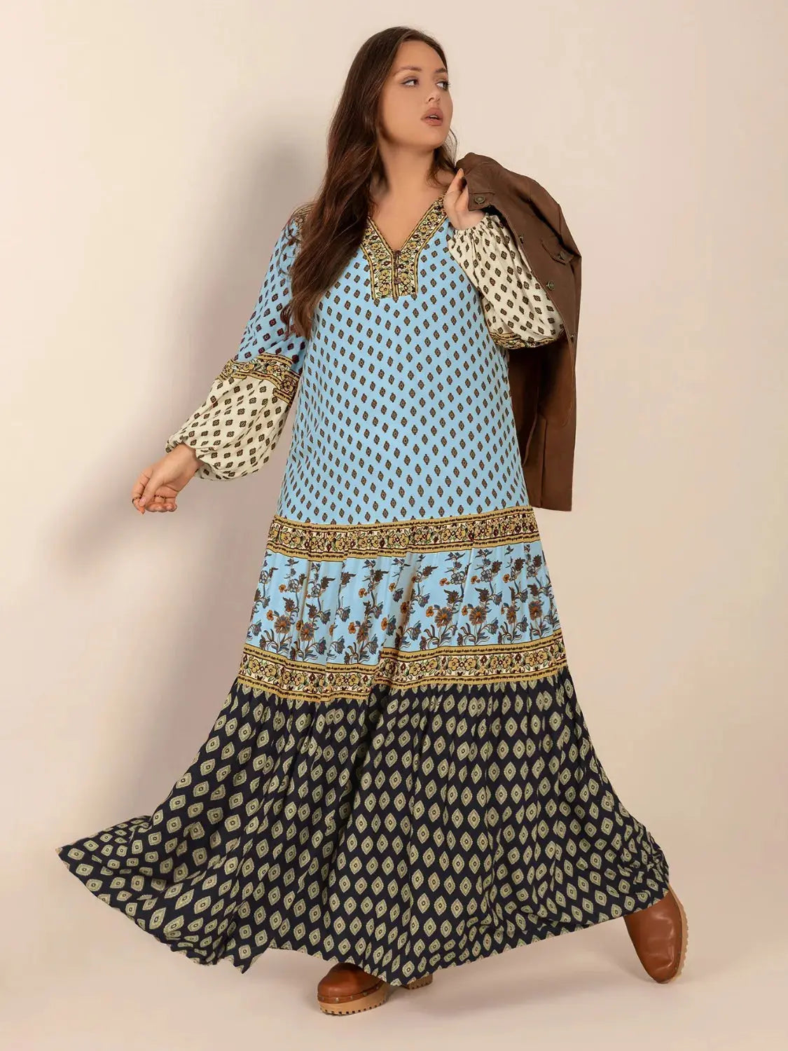 Plus Size Printed V-Neck Balloon Sleeve Maxi Dress.