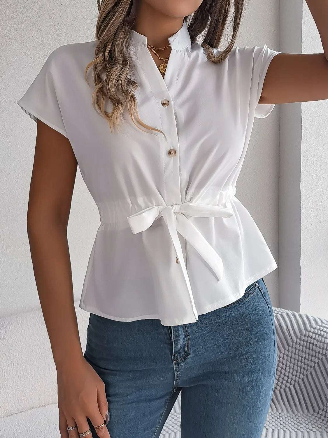 Notched Short Sleeve Blouse - Premium Women / Tops from Trendsi - Just $29.84! Shop now at Handbags Specialist Headquarter