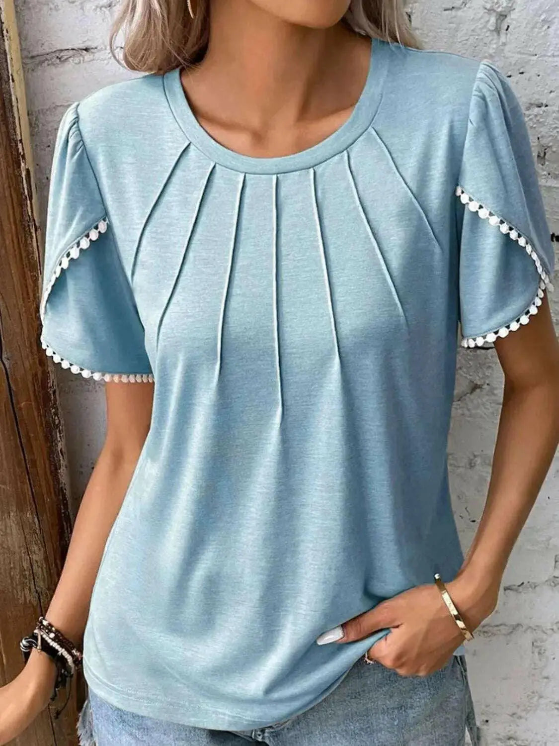 Full Size Round Neck Petal Sleeve Blouse Plus Size.