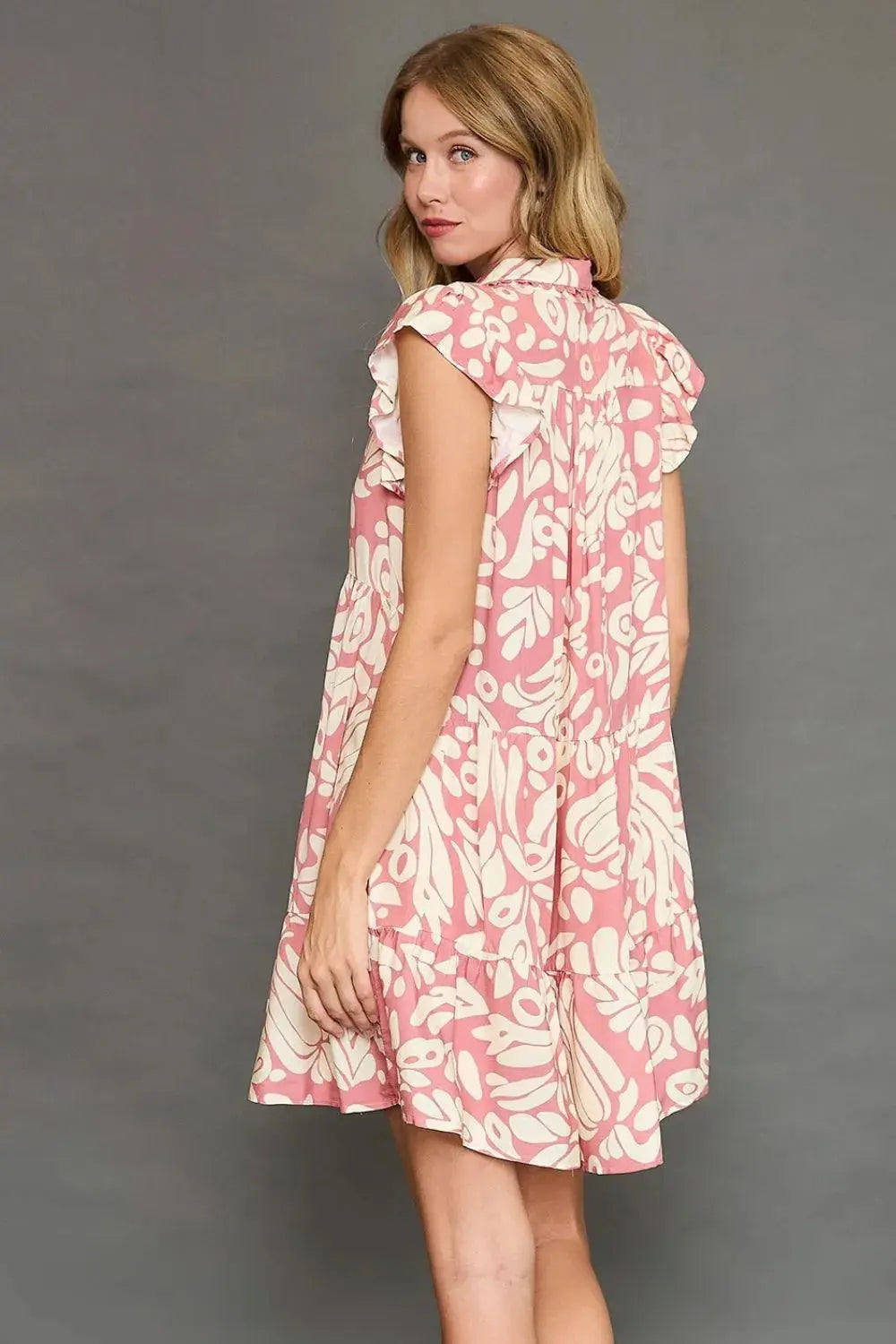Umgee Full Size Two Tone Printed Ruffled Cap Sleeve Mini Dress Plus Size.
