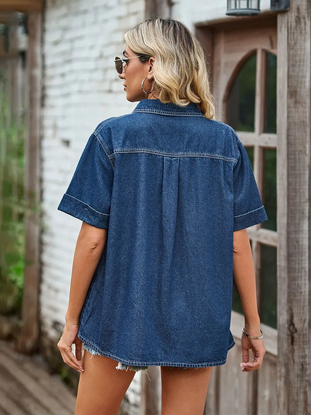 Pocketed Button Up Short Sleeve Denim Shirt - Premium Women / Jeans & Denim from Trendsi - Just $36! Shop now at Handbags Specialist Headquarter
