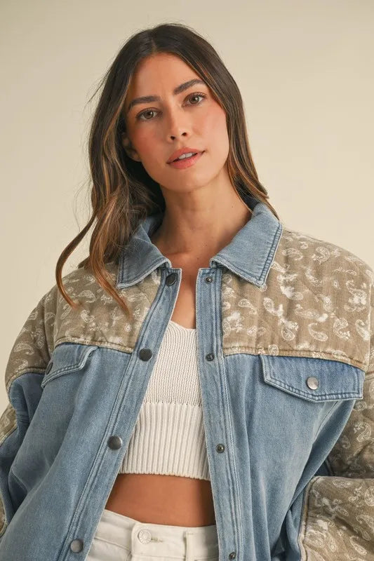 MABLE Quilted Paisley Print Contrast Denim Jacket - Premium Women / Jeans & Denim from Trendsi - Just $71.56! Shop now at Handbags Specialist Headquarter
