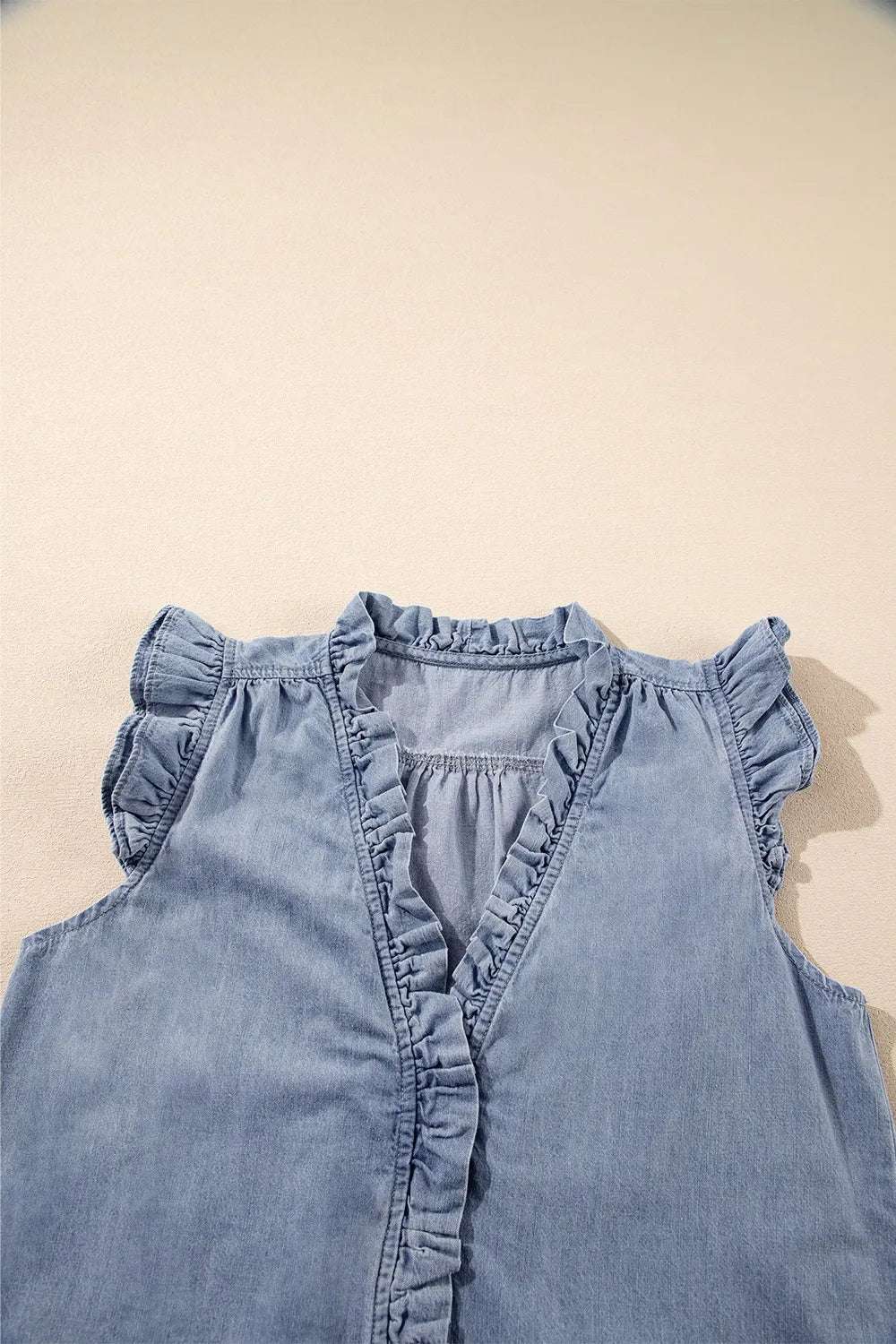 Frilly Ruffle Trim V Neck Chambray Tank - Premium Women / Jeans & Denim from Trendsi - Just $39.66! Shop now at Handbags Specialist Headquarter