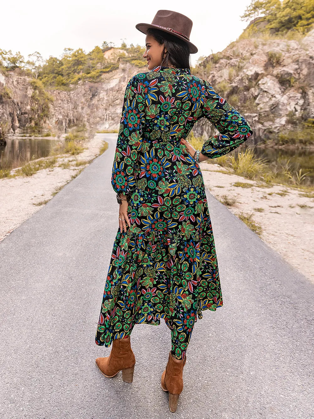 Printed Notched Neck Maxi Dress - Premium Maxi Dress from Trendsi - Just $49.99! Shop now at Handbags Specialist Headquarter