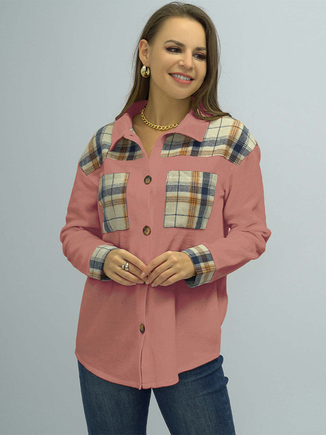 Shiny Plaid Button Down Shirt - Premium Women's Down Shirt Tops from Trendsi - Just $21! Shop now at Handbags Specialist Headquarter