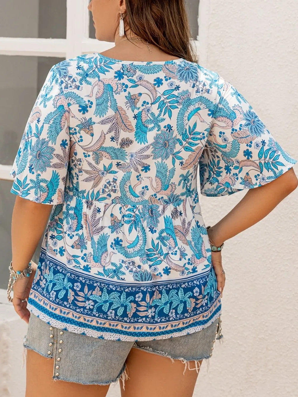 Plus Size Printed V-Neck Half Sleeve Blouse - Premium Plus Size Shirts from Trendsi - Just $24.02! Shop now at Handbags Specialist Headquarter
