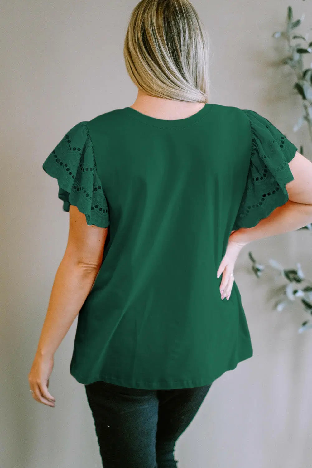 Plus Size Eyelet Round Neck Short Sleeve Blouse.