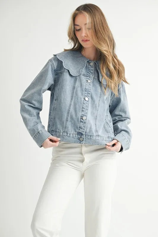 MABLE Scallop Peter Pan Collar Denim Jacket - Premium Women / Jeans & Denim from Trendsi - Just $64.90! Shop now at Handbags Specialist Headquarter