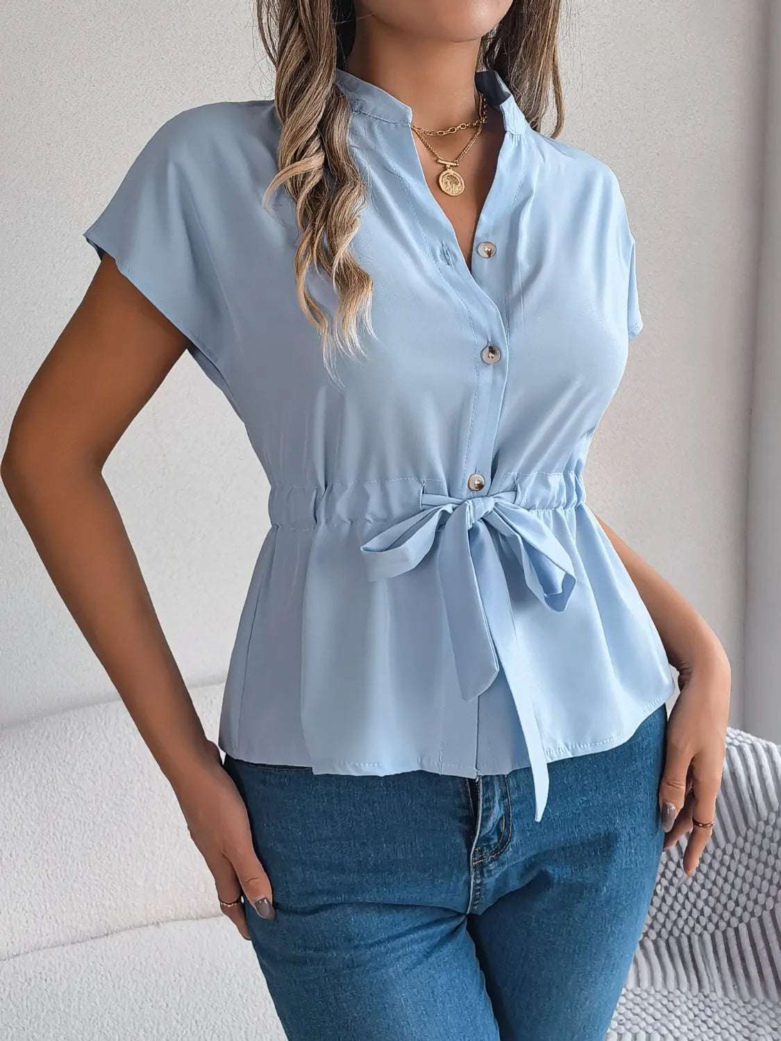 Notched Short Sleeve Blouse - Premium Women / Tops from Trendsi - Just $29.84! Shop now at Handbags Specialist Headquarter