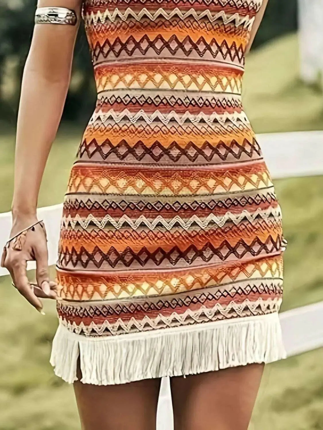 Full Size Fringe Grecian Neck Mini Dress Plus Size.