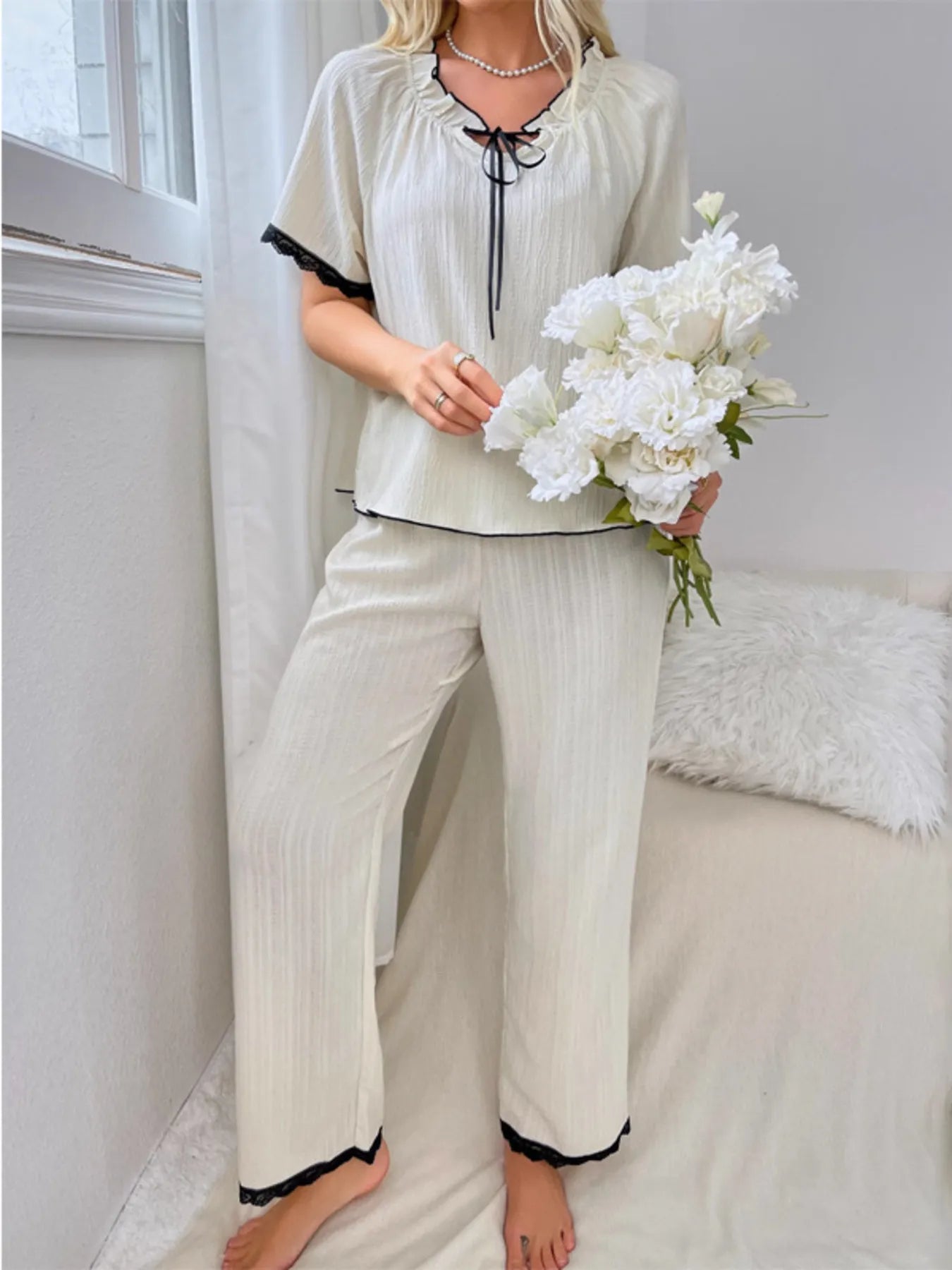 Contrast Trim Short Sleeve Top and Pants Set - Premium Sleepwear from Trendsi - Just $44.99! Shop now at Handbags Specialist Headquarter