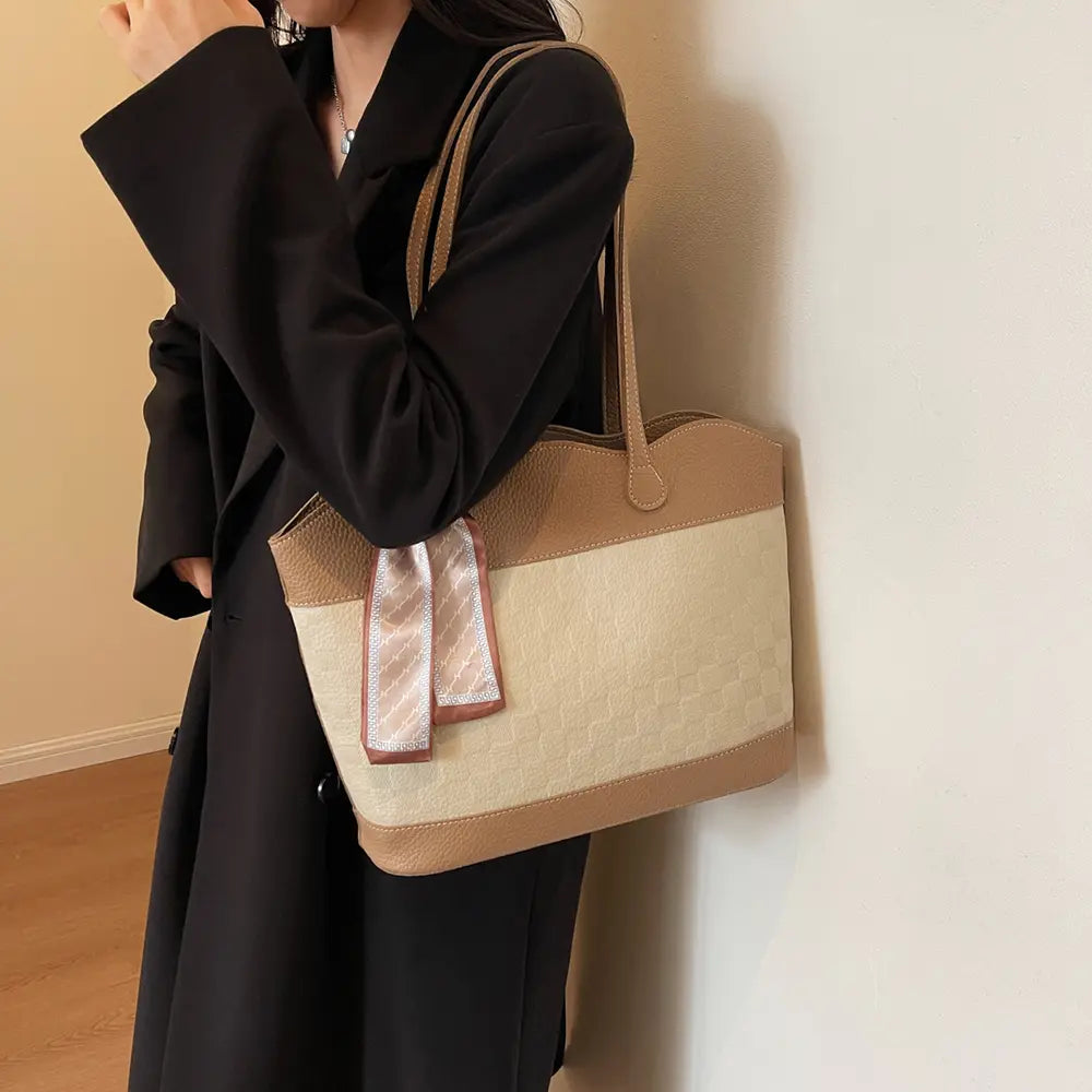 PU Leather Tied Contrast Tote Bag - Premium Tote Bag from Trendsi - Just $35.99! Shop now at Handbags Specialist Headquarter