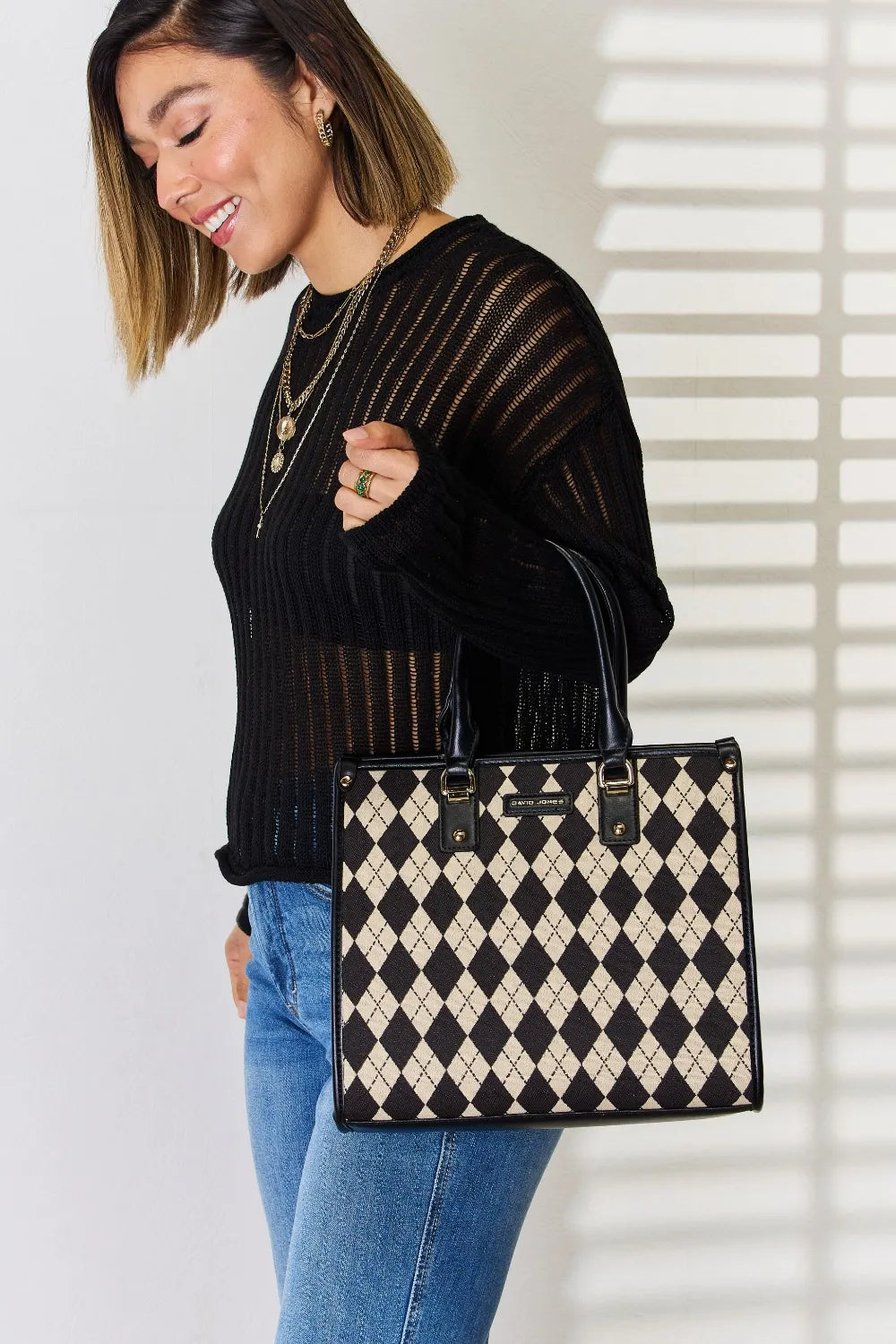 David Jones Argyle Pattern PU Leather Handbag - Premium Handbags from Trendsi - Just $51.99! Shop now at Handbags Specialist Headquarter