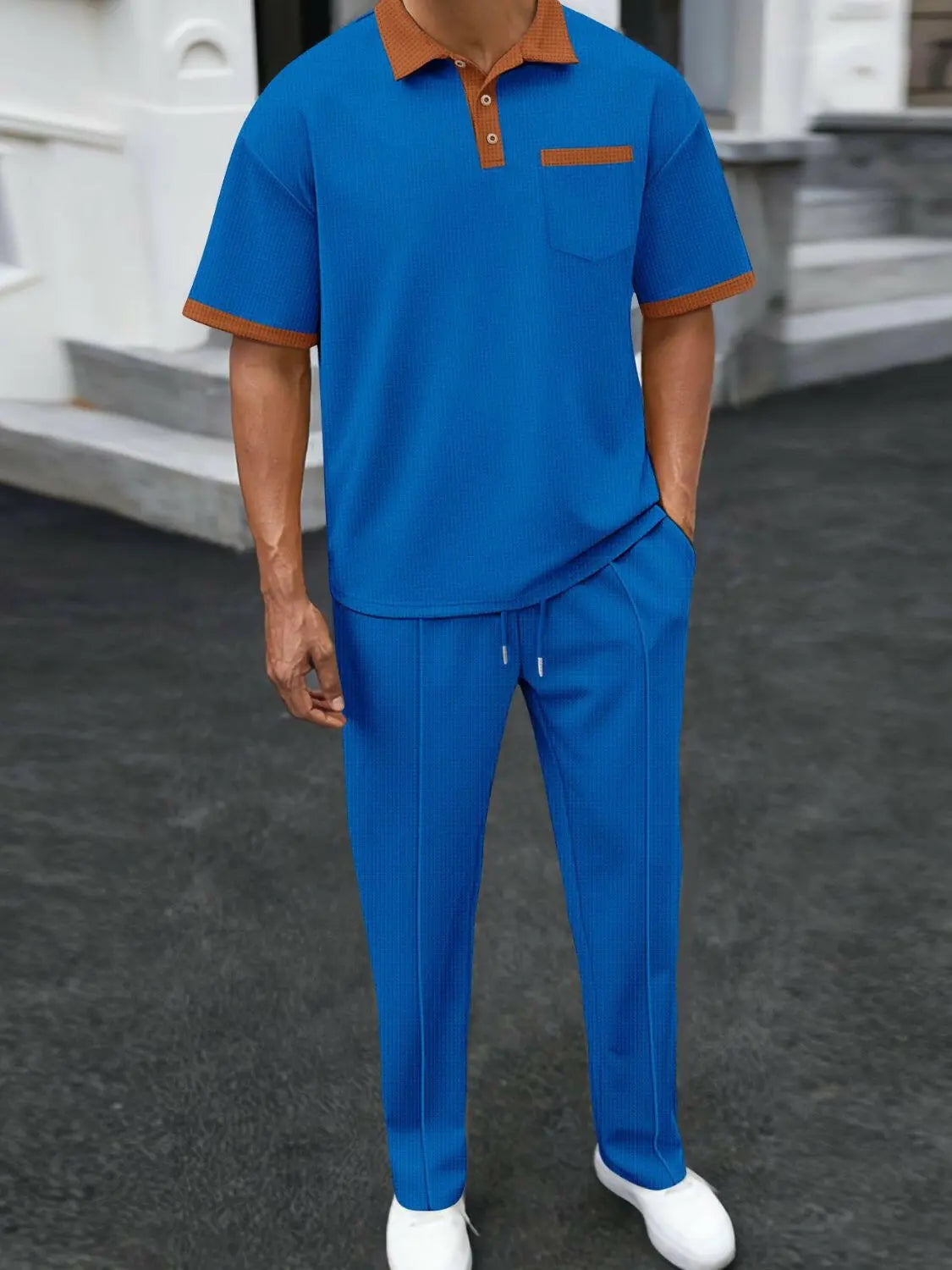 Men's Full Size Waffle-Knit Contrast Polo and Pants Set Plus Size.