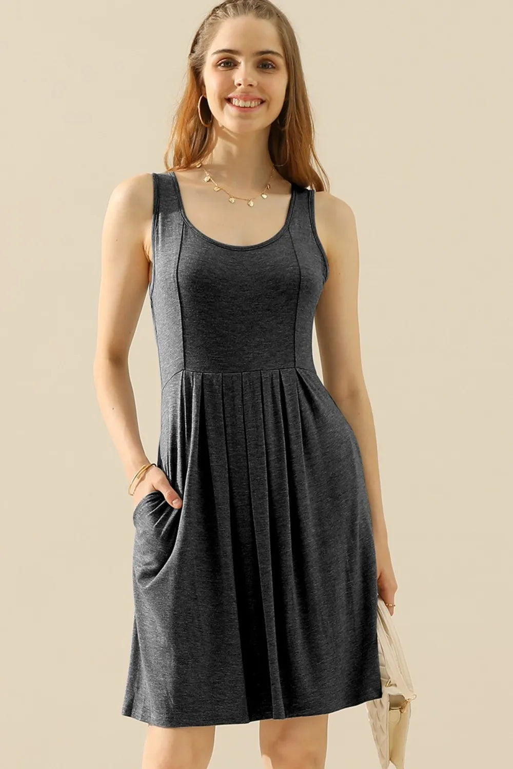 Doublju Full Size Round Neck Ruched Sleeveless Dress with Pockets - Premium Dresses from Trendsi - Just $15.99! Shop now at Handbags Specialist Headquarter