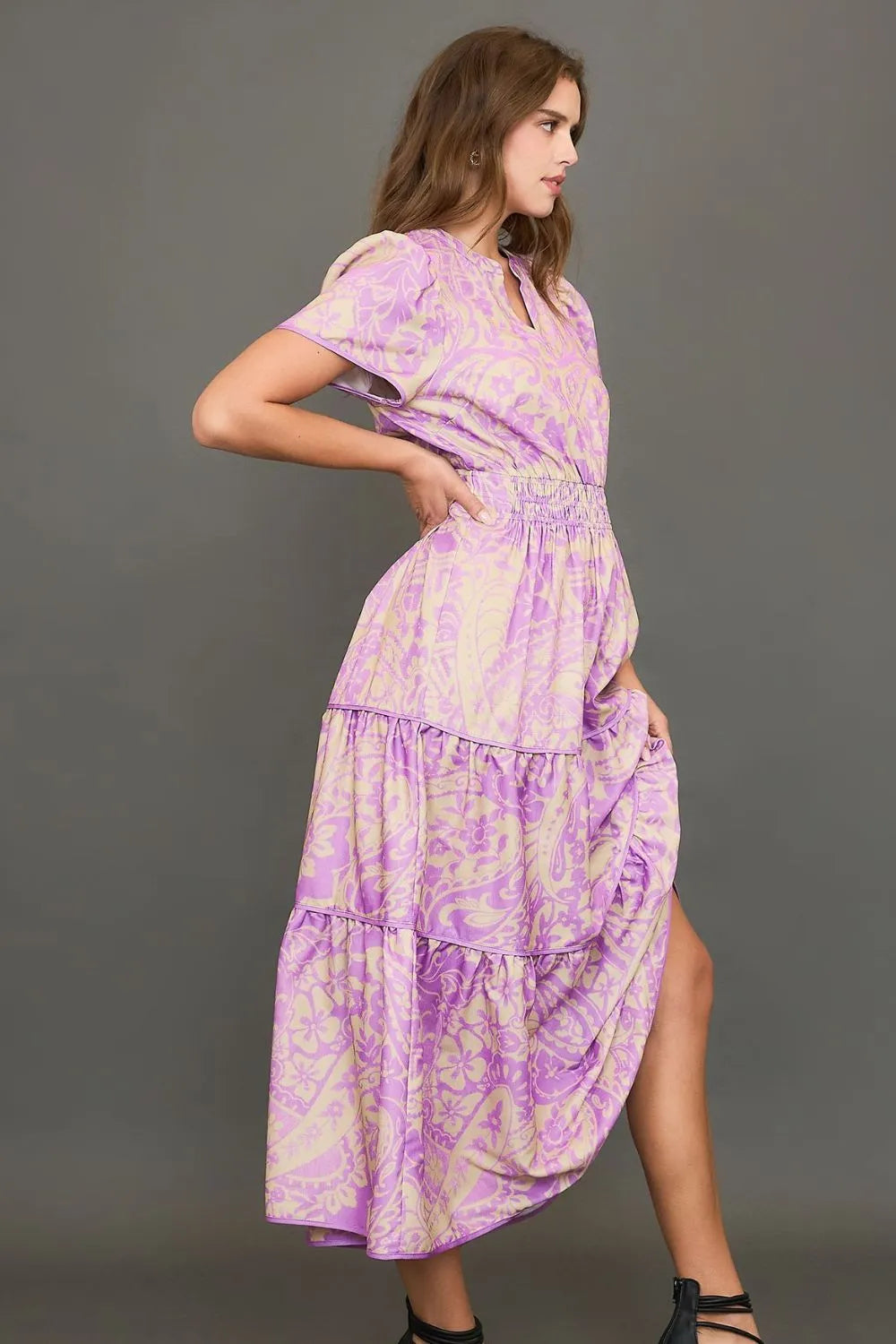 Umgee Full Size Printed Notched Short Sleeve Tiered Dress Plus Size - Premium Dresses from Trendsi - Just $62.99! Shop now at Handbags Specialist Headquarter