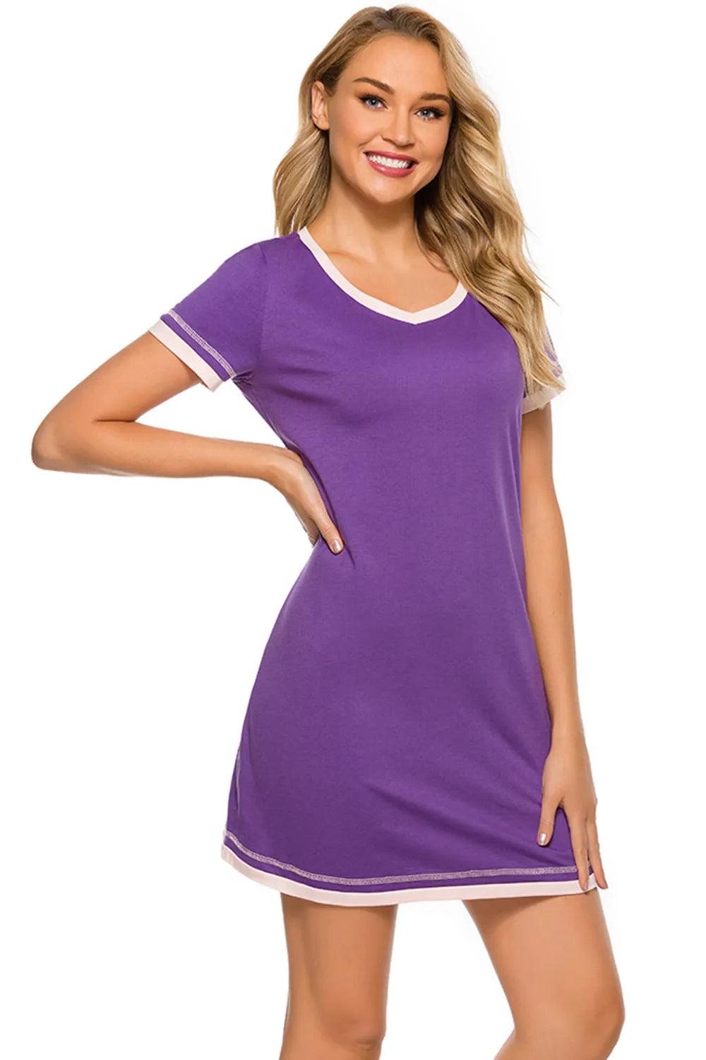 Contrast Trim Short Sleeve Lounge Dress - Premium Sleepwear from Trendsi - Just $26! Shop now at Handbags Specialist Headquarter