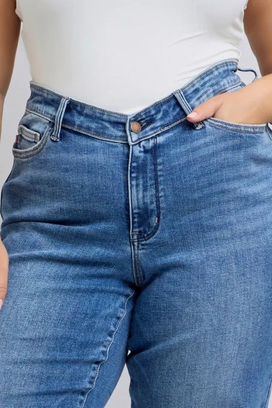 Judy Blue Full Size High Waist V-Front Vintage Wash Straight Jeans Plus Size - Premium Women / Jeans & Denim from Trendsi - Just $63.99! Shop now at Handbags Specialist Headquarter