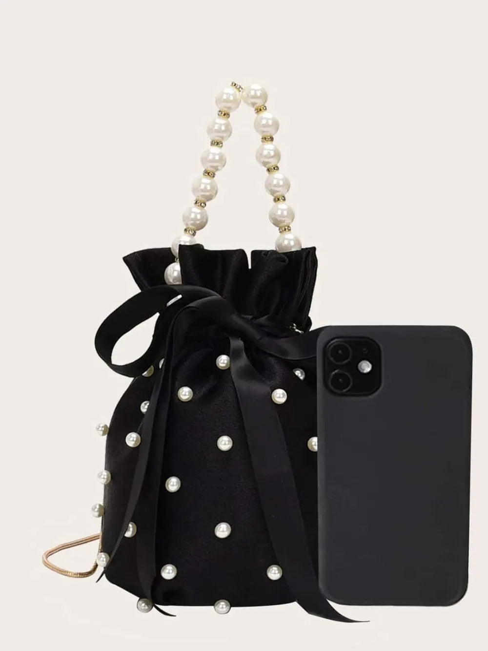 Pearl Detail Solid Color Bucket Bag - Premium Crossbody Bag from Trendsi - Just $27.99! Shop now at Handbags Specialist Headquarter