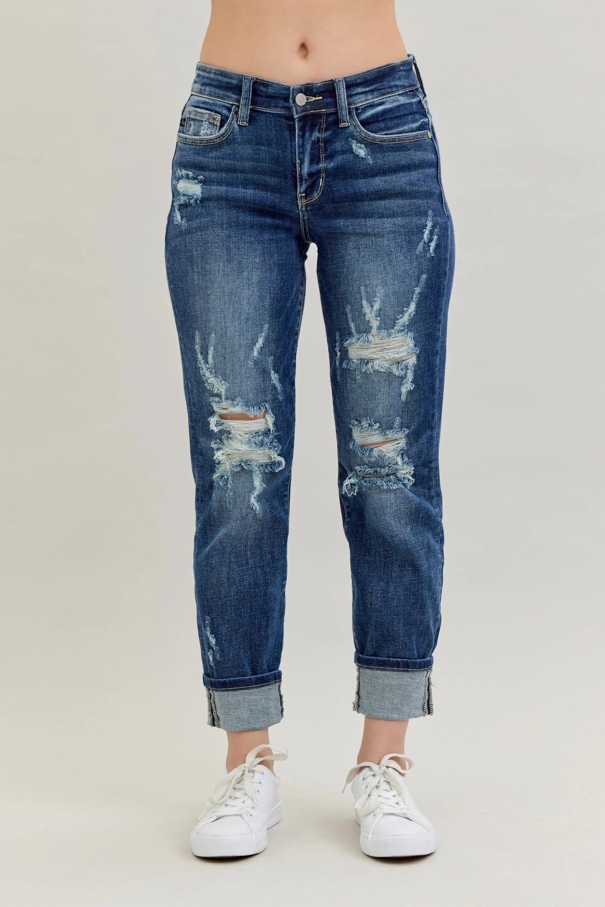Judy Blue Full Size Mid Rise Cuffed Destroy Bf Jeans Plus Size - Premium Women / Jeans & Denim from Trendsi - Just $62.99! Shop now at Handbags Specialist Headquarter