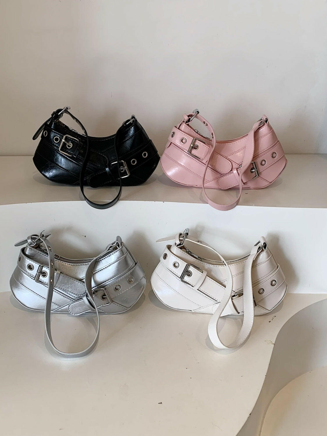 PU Leather Buckle Shoulder Bag.