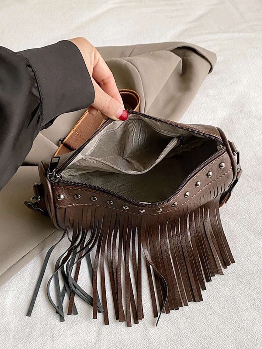 PU Leather Fringe Studded Crossbody Bag - Premium Crossbody Bag from Trendsi - Just $29.99! Shop now at Handbags Specialist Headquarter