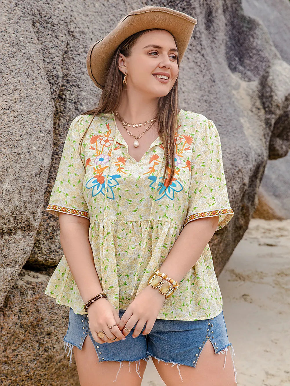 Plus Size Printed Tie Neck Half Sleeve Blouse - Premium Plus Size Shirts from Trendsi - Just $29.28! Shop now at Handbags Specialist Headquarter