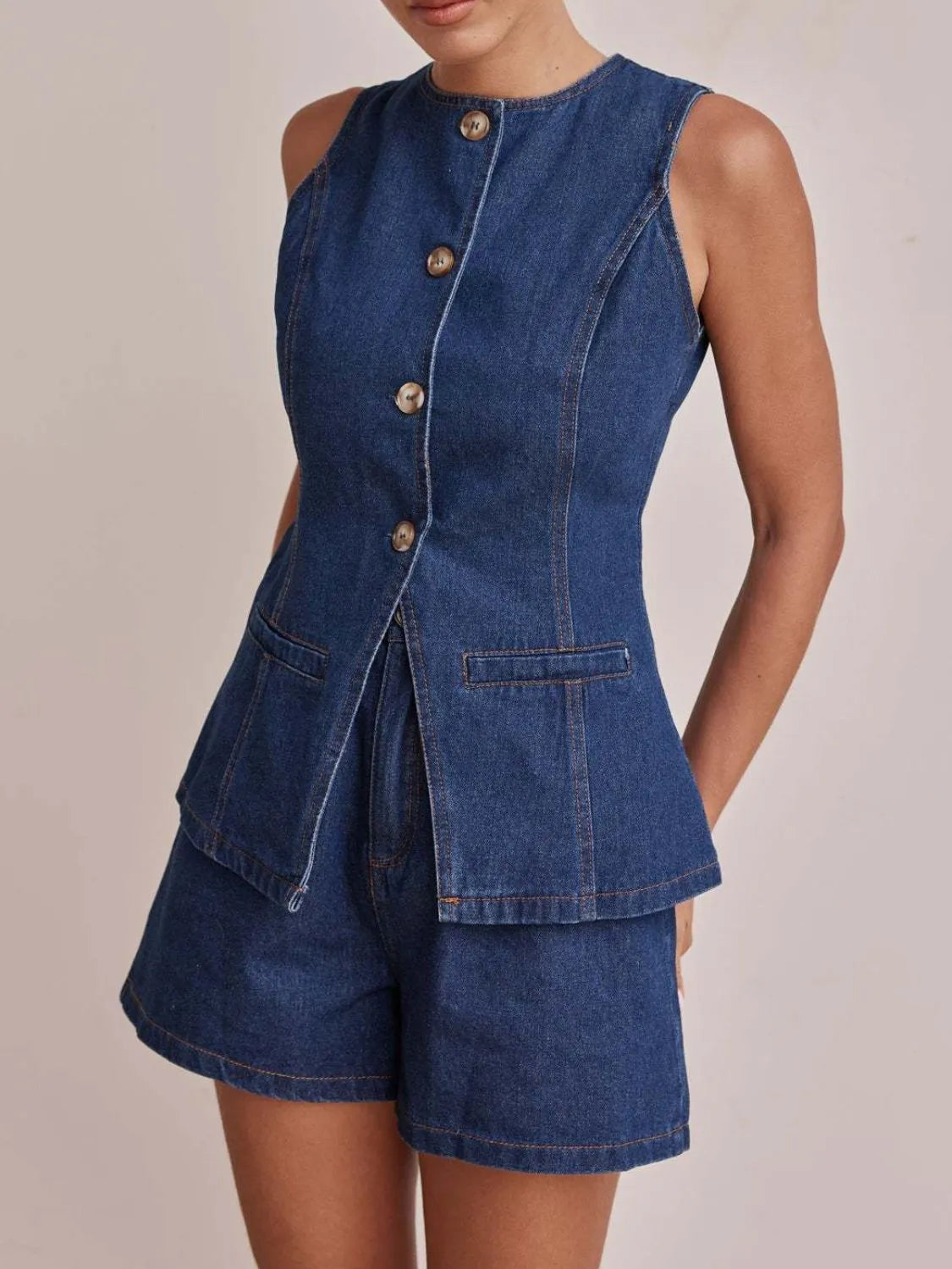 Button Down Vest and Shorts Denim Set - Premium Women / Jeans & Denim from Trendsi - Just $65.12! Shop now at Handbags Specialist Headquarter
