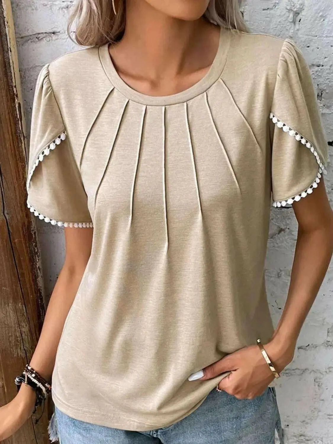 Full Size Round Neck Petal Sleeve Blouse Plus Size.