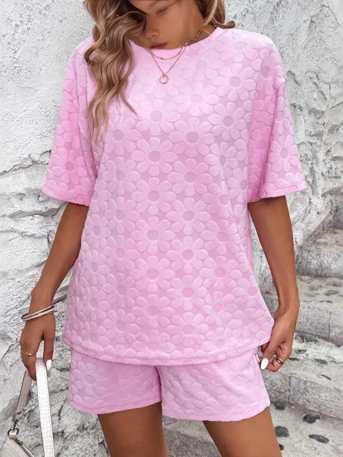 Flower Round Neck Top and Shorts Lounge Set - Premium Sleepwear from Trendsi - Just $43.99! Shop now at Handbags Specialist Headquarter