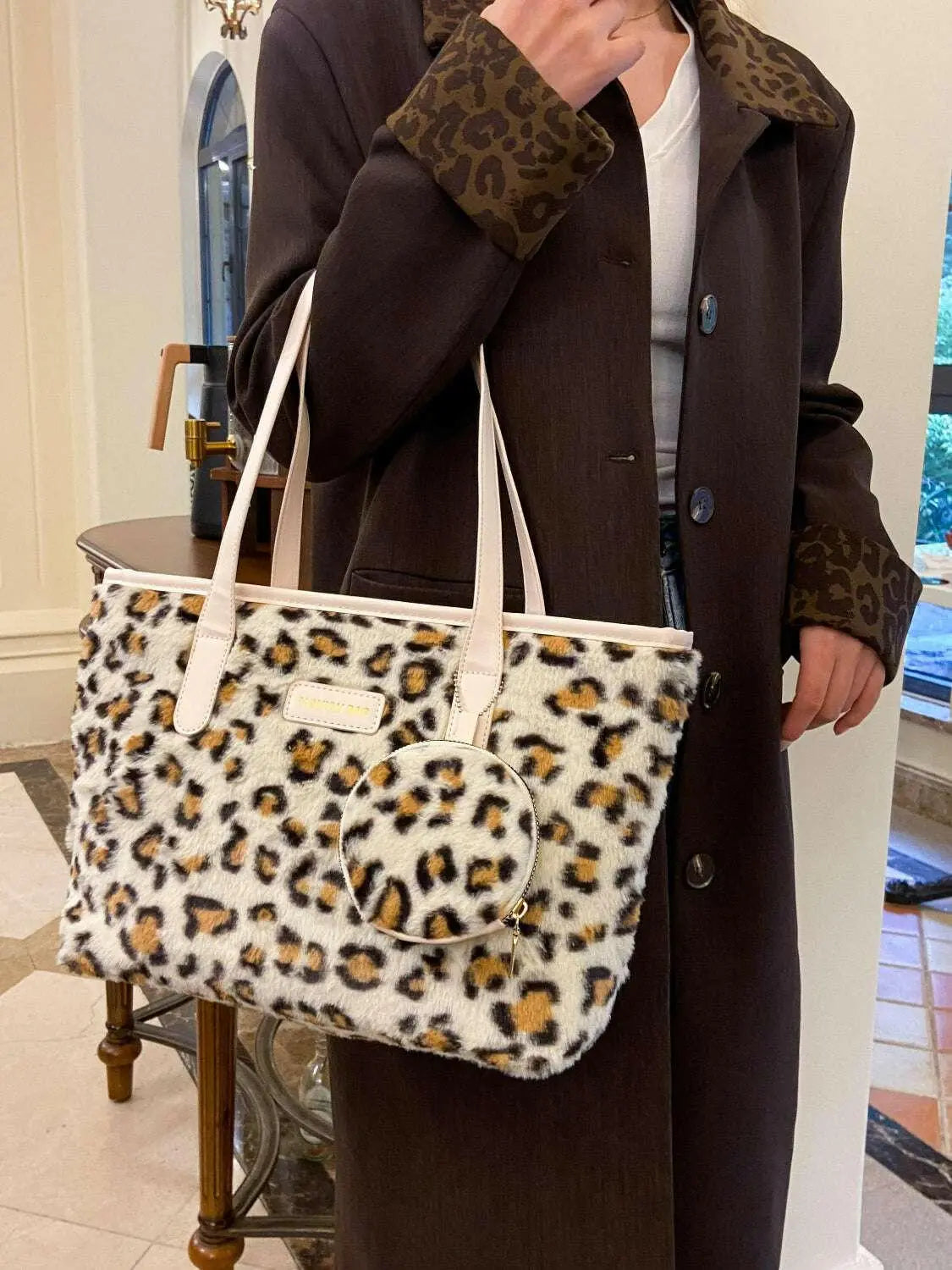 Leopard Faux Fur Tote Bag with Coin Purse.