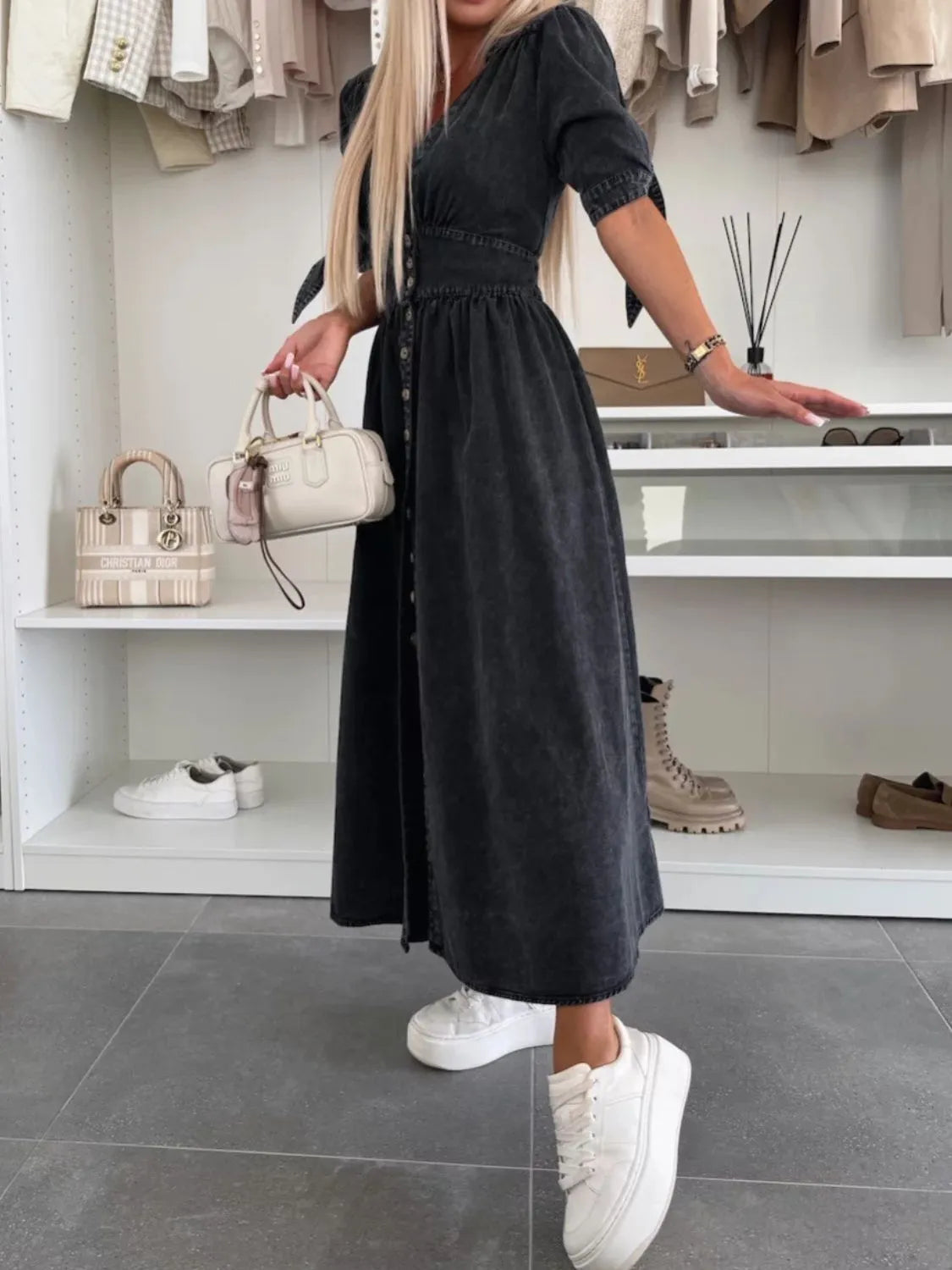 Button Front V-Neck Half Sleeve Denim Dress - Premium Women / Jeans & Denim from Trendsi - Just $53.68! Shop now at Handbags Specialist Headquarter