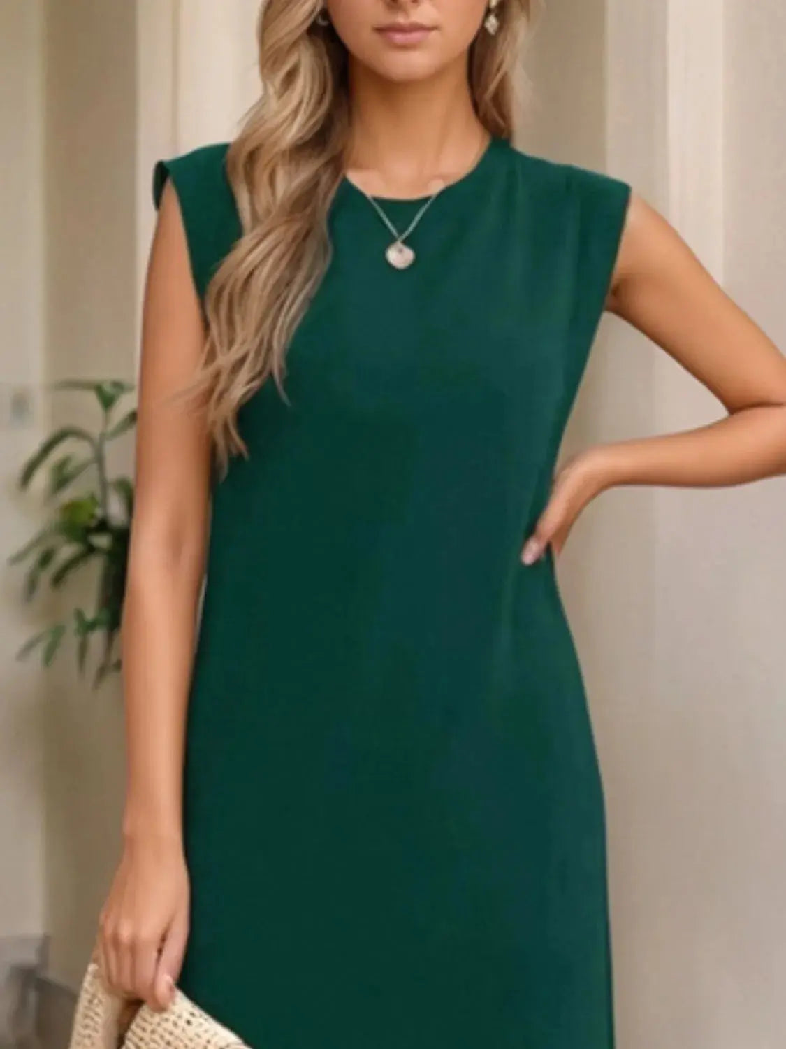 Full Size Slit Round Neck Sleeveless Maxi Tank Dress Plus Size.