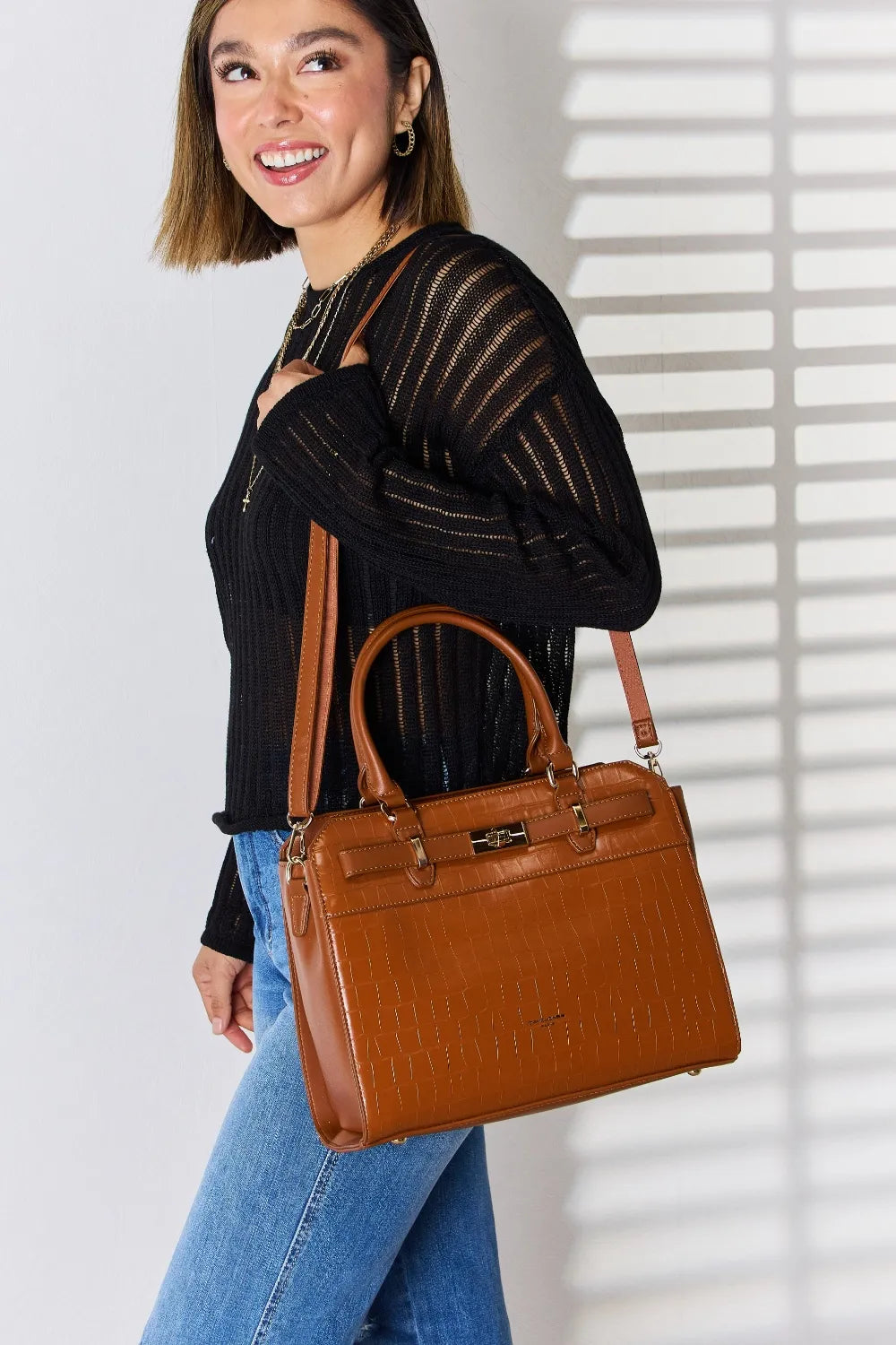 David Jones Texture PU Leather Handbag - Premium handbags from Trendsi - Just $57.99! Shop now at Handbags Specialist Headquarter