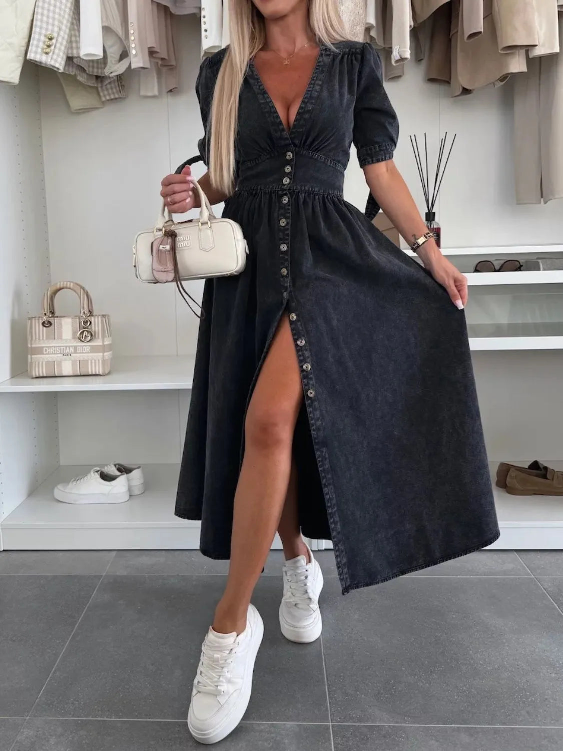 Button Front V-Neck Half Sleeve Denim Dress - Premium Women / Jeans & Denim from Trendsi - Just $53.68! Shop now at Handbags Specialist Headquarter