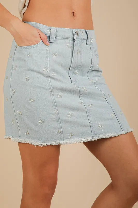 VERY J Bow Printed Casual Denim Mini Skirt - Premium Women / Jeans & Denim from Trendsi - Just $38.88! Shop now at Handbags Specialist Headquarter