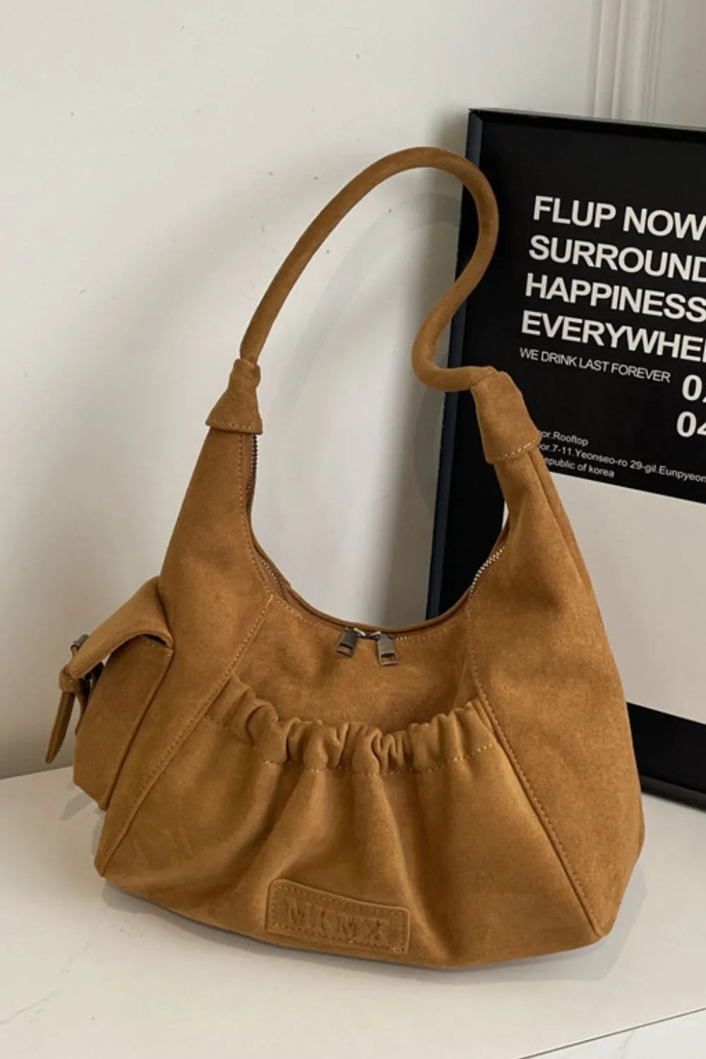 Ruched Suede Handbag with Zipper - Premium Tote Bag from Trendsi - Just $44.99! Shop now at Handbags Specialist Headquarter