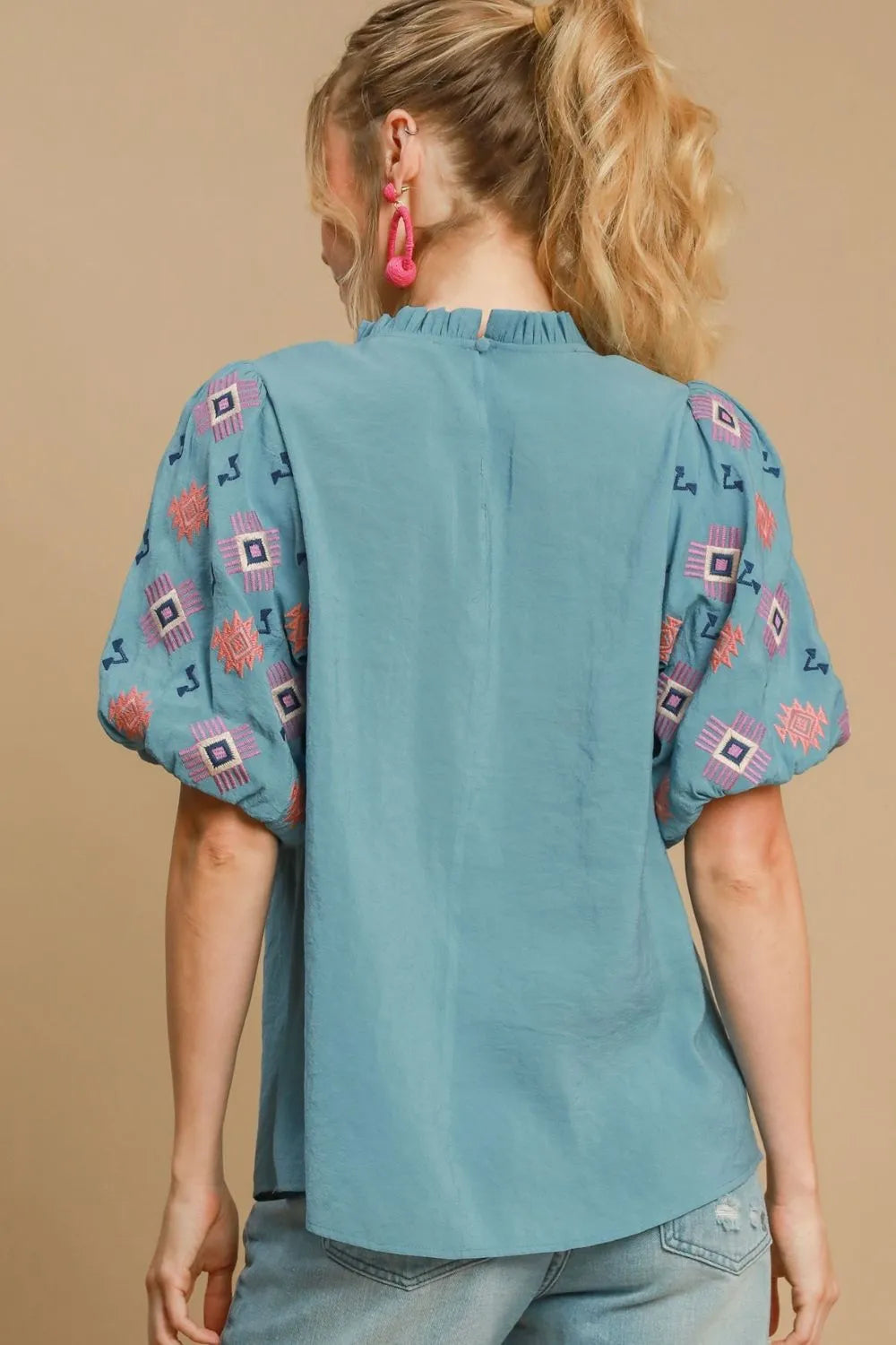 Umgee Full Size Embroidered Puff Sleeve Mock Neck Top Plus Size - Premium Dresses from Trendsi - Just $51.99! Shop now at Handbags Specialist Headquarter