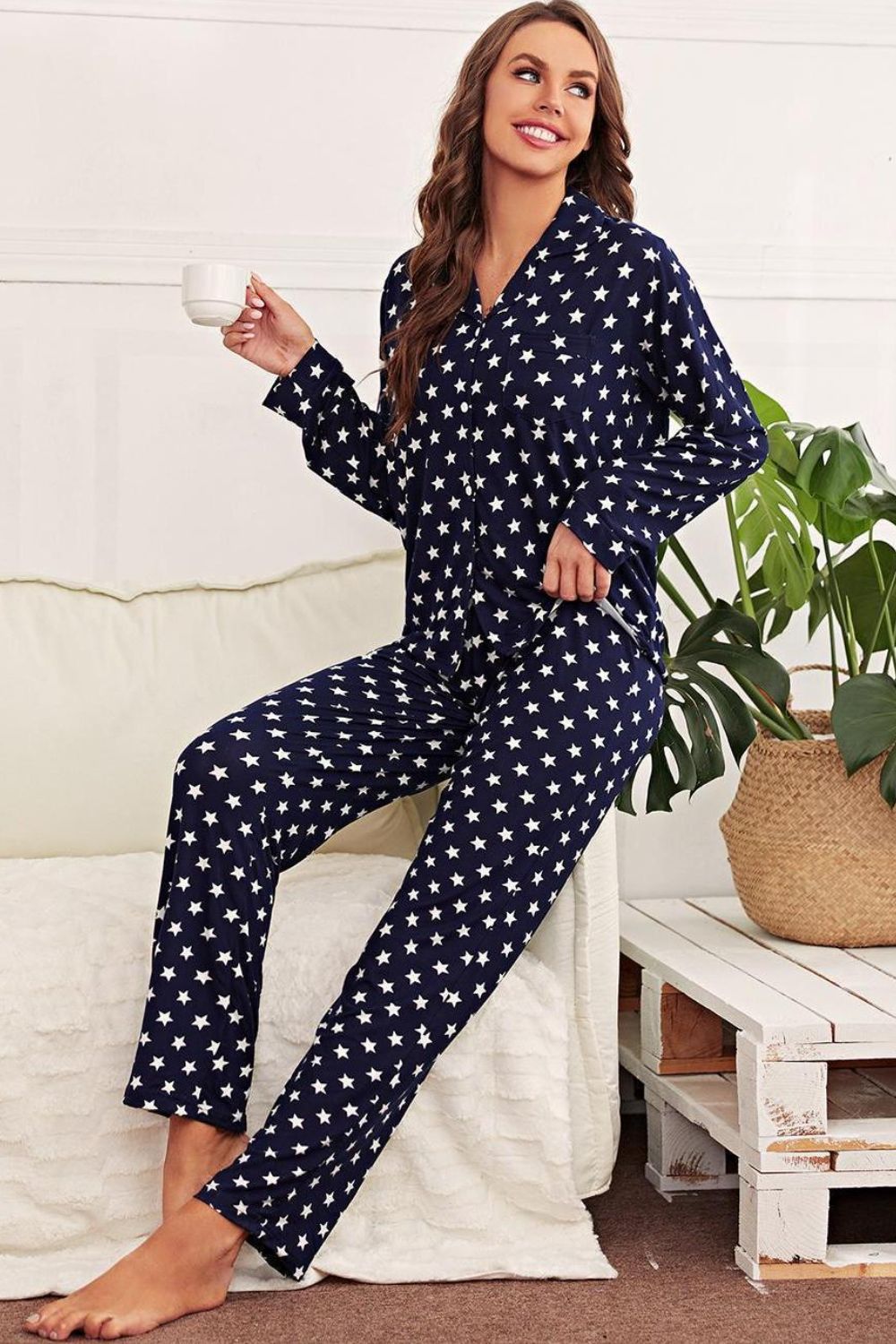 Star Print Button-Up Shirt and Pants Lounge Set - Premium Sleepwear from Trendsi - Just $37! Shop now at Handbags Specialist Headquarter