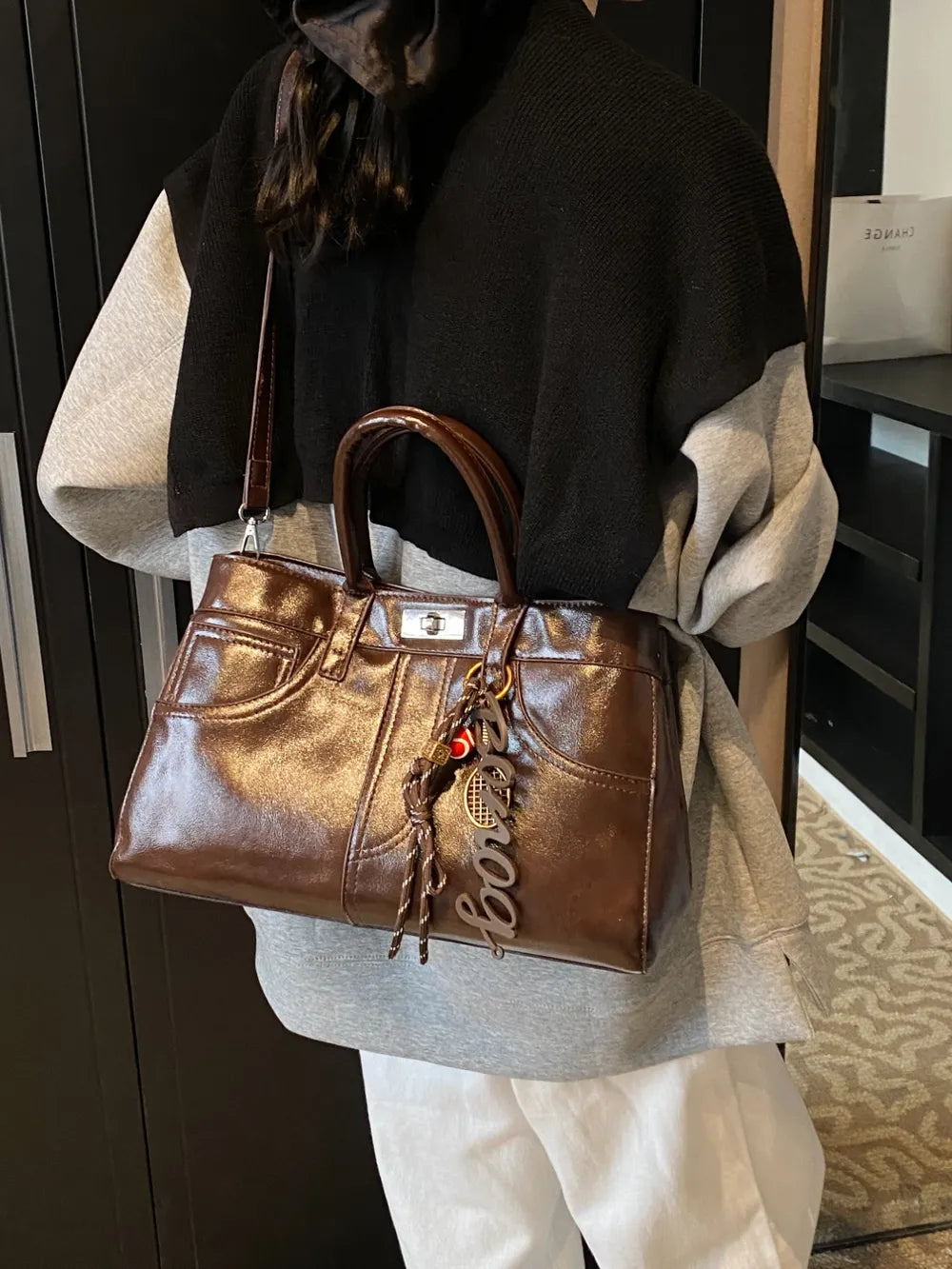 PU Leather Handbag with Pendant - Premium Tote Bag from Trendsi - Just $40.99! Shop now at Handbags Specialist Headquarter