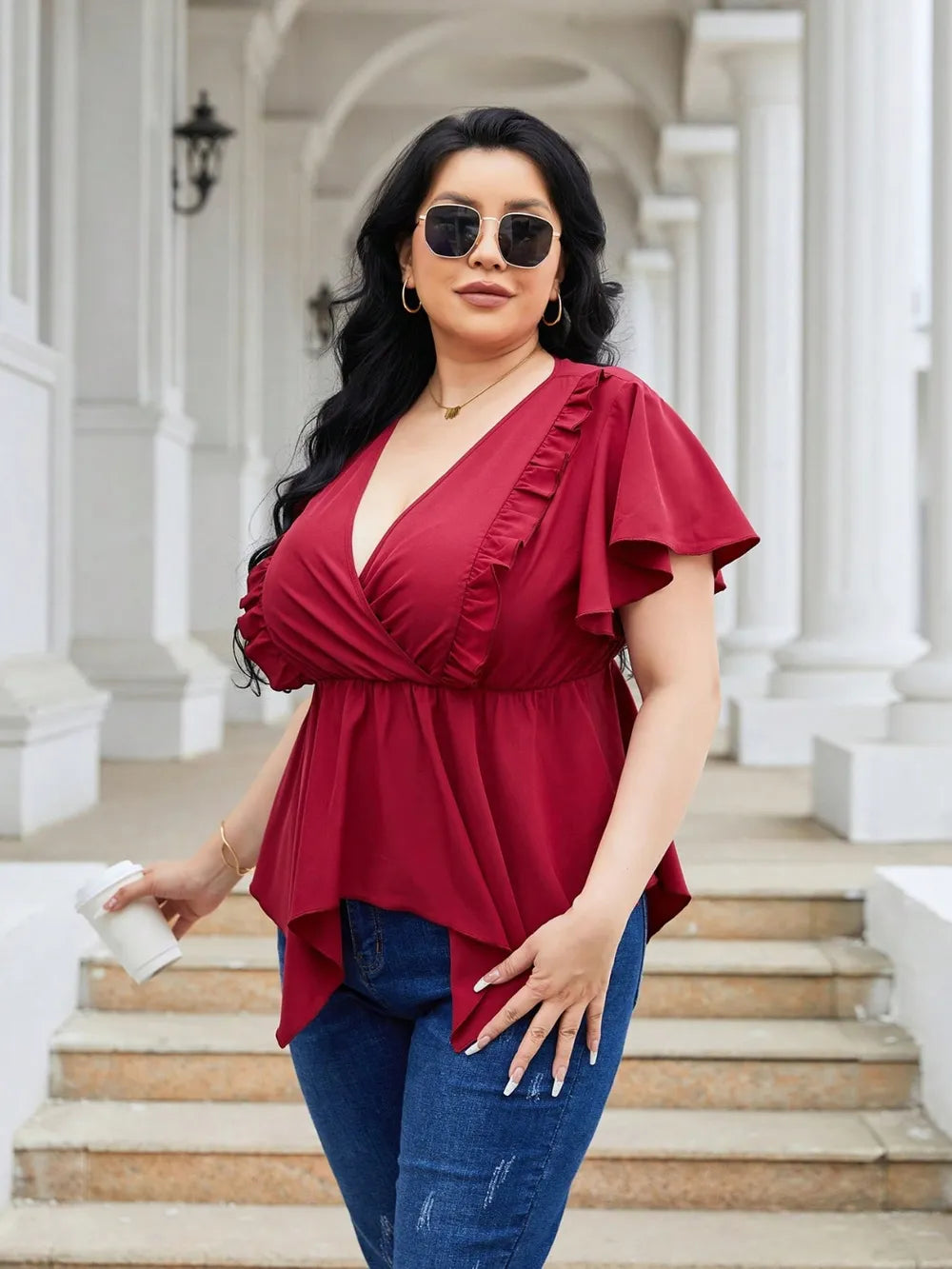 Plus Size Frill Surplice Flutter Sleeve Blouse - Premium Plus Size Shirts from Trendsi - Just $21! Shop now at Handbags Specialist Headquarter