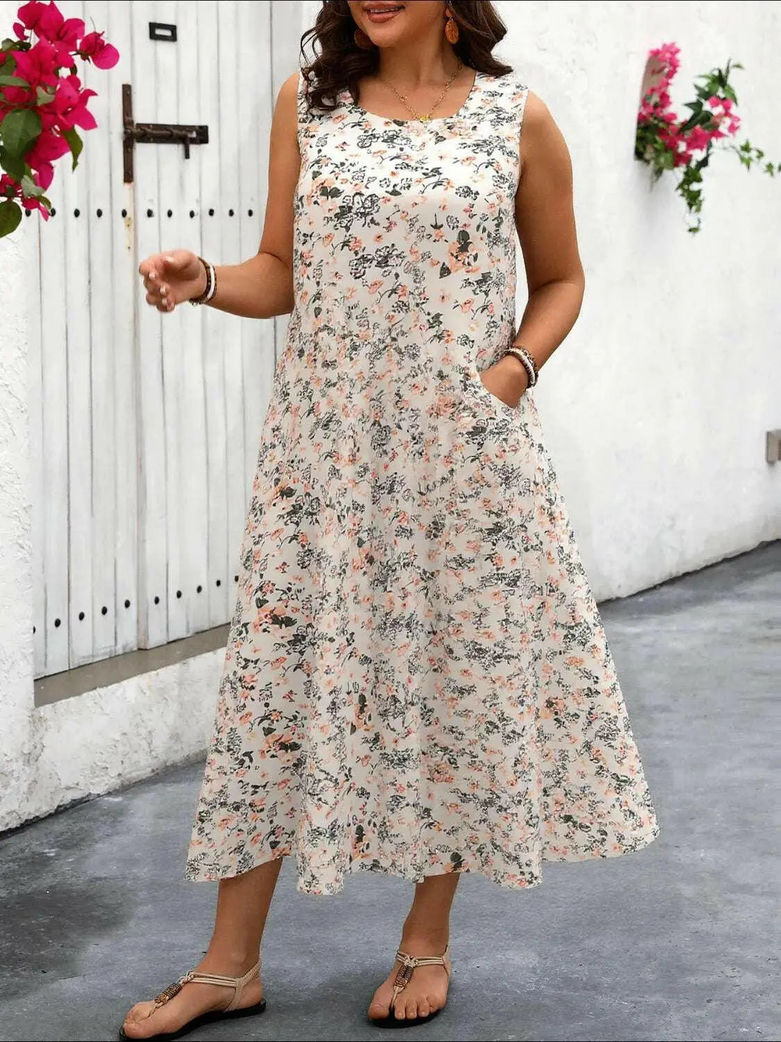 Plus Size Floral Tank Dress with Pockets.