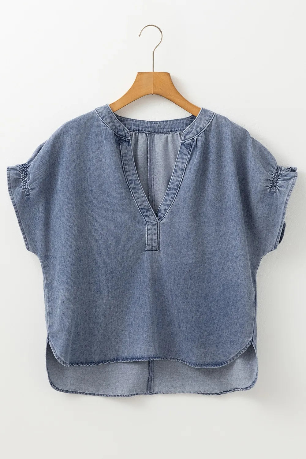 V Neck Ruffled Short Puff Sleeve Denim Top - Premium Women / Jeans & Denim from Trendsi - Just $39.06! Shop now at Handbags Specialist Headquarter