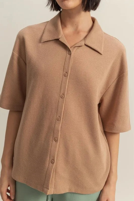 HYFVE Collared Neck Button Down Waffle Shirt - Premium Women's Down Shirt Tops from Trendsi - Just $35.56! Shop now at Handbags Specialist Headquarter