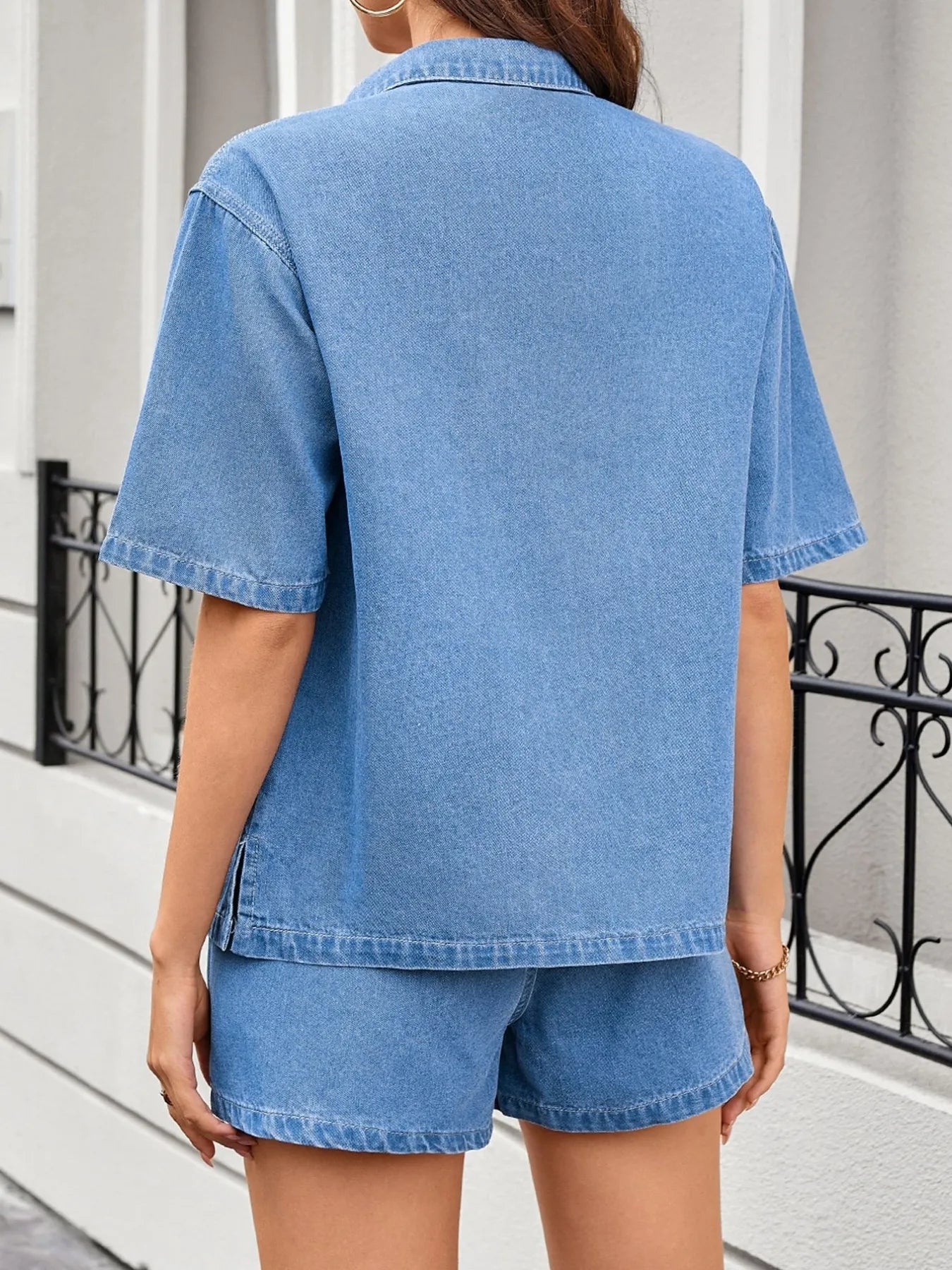 Casual Drop Shoulder Denim Shirt & Shorts Set - Premium Women / Jeans & Denim from Trendsi - Just $75.04! Shop now at Handbags Specialist Headquarter