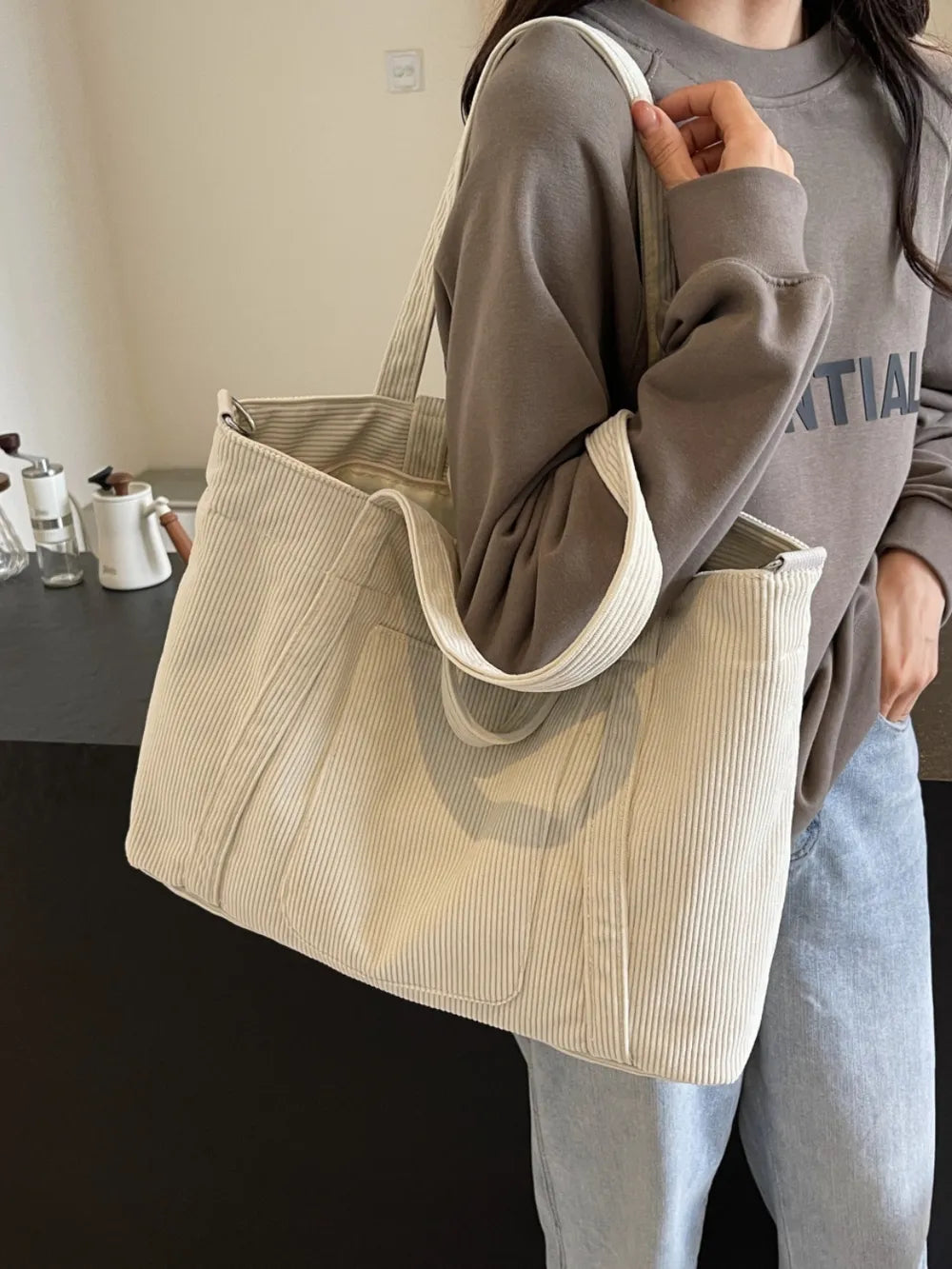 Corduroy Solid Large Tote Bag - Premium Tote Bag from Trendsi - Just $39.99! Shop now at Handbags Specialist Headquarter