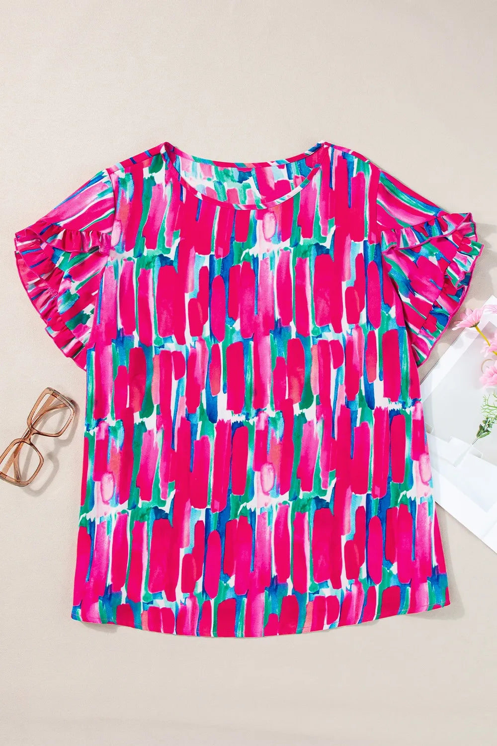 Plus Size Printed Round Neck Petal Sleeve Blouse - Premium Plus Size Shirts from Trendsi - Just $17.54! Shop now at Handbags Specialist Headquarter